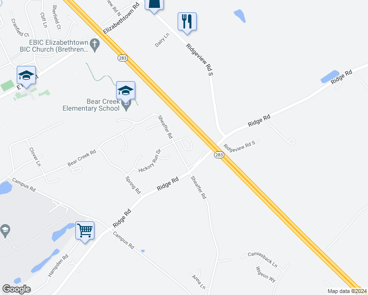 map of restaurants, bars, coffee shops, grocery stores, and more near 1580 Hickory Run Court in Elizabethtown