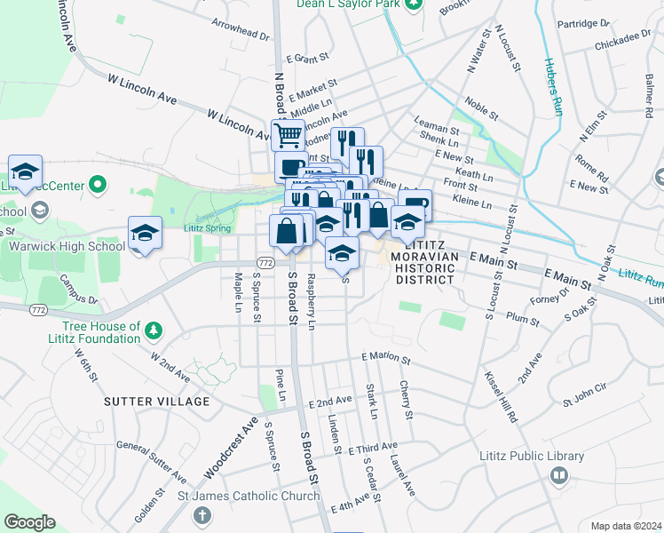 map of restaurants, bars, coffee shops, grocery stores, and more near 34 East Orange Street in Lititz