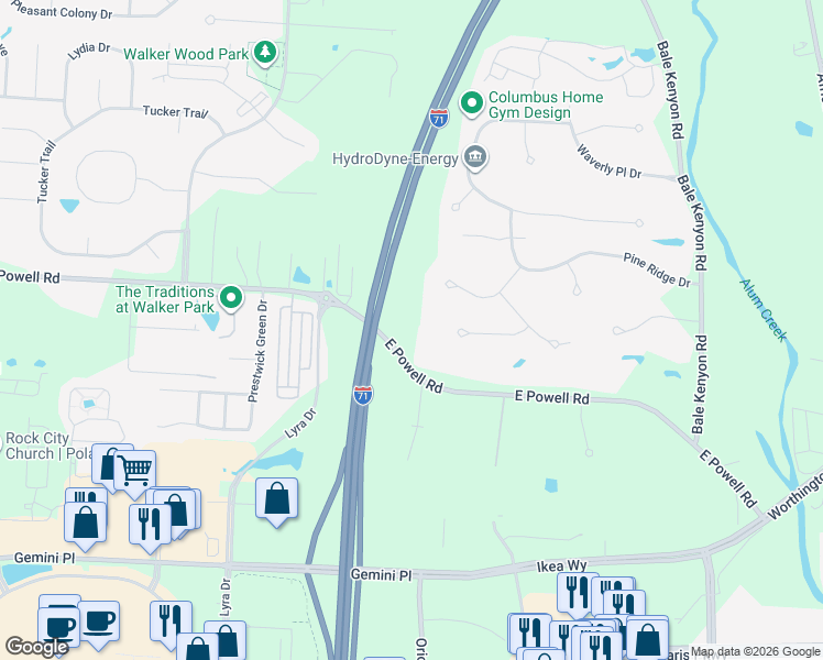 map of restaurants, bars, coffee shops, grocery stores, and more near 3141 East Powell Road in Lewis Center
