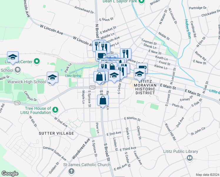 map of restaurants, bars, coffee shops, grocery stores, and more near 20 East Orange Street in Lititz