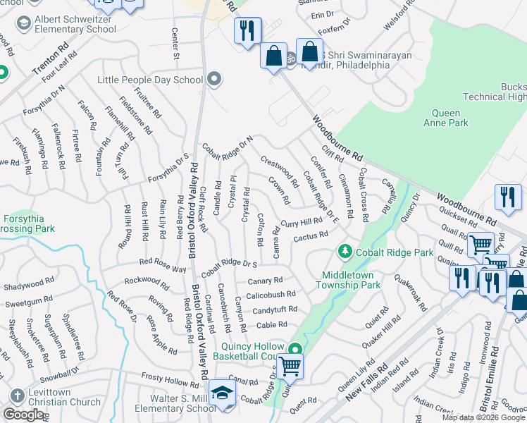 map of restaurants, bars, coffee shops, grocery stores, and more near 38 Curry Hill Road in Levittown