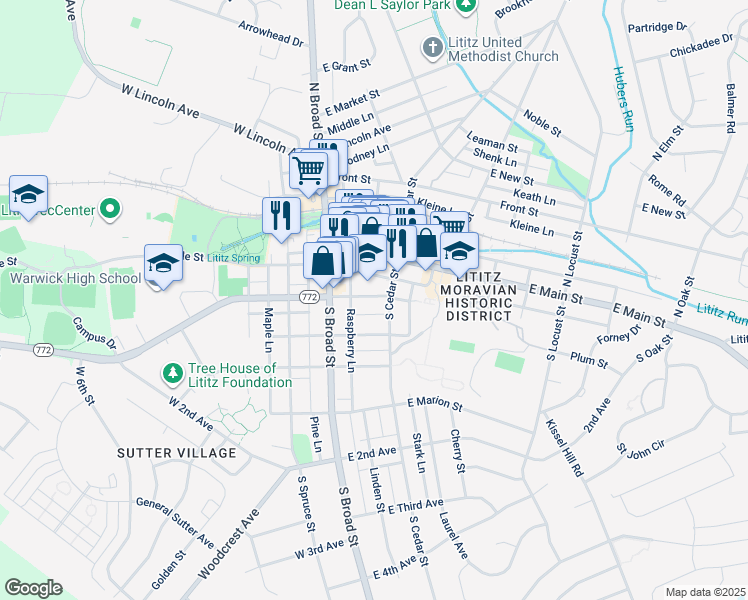 map of restaurants, bars, coffee shops, grocery stores, and more near 34 East Orange Street in Lititz