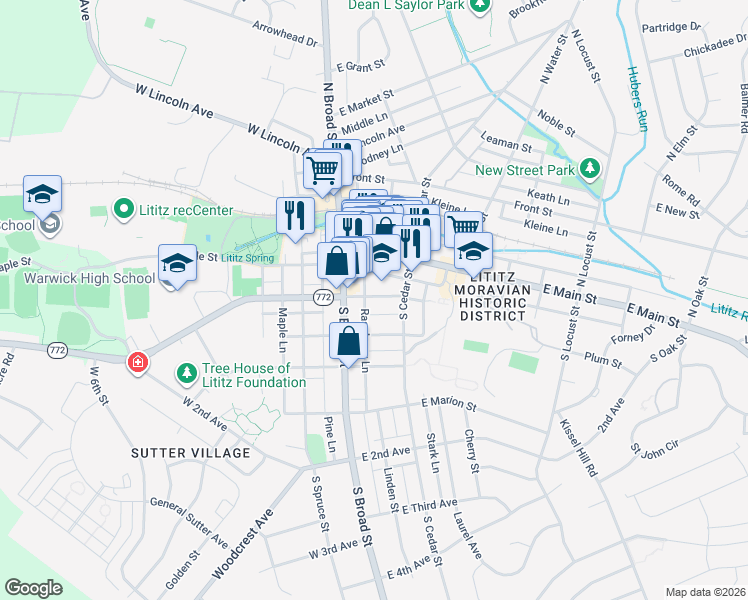 map of restaurants, bars, coffee shops, grocery stores, and more near 125 South Broad Street in Lititz