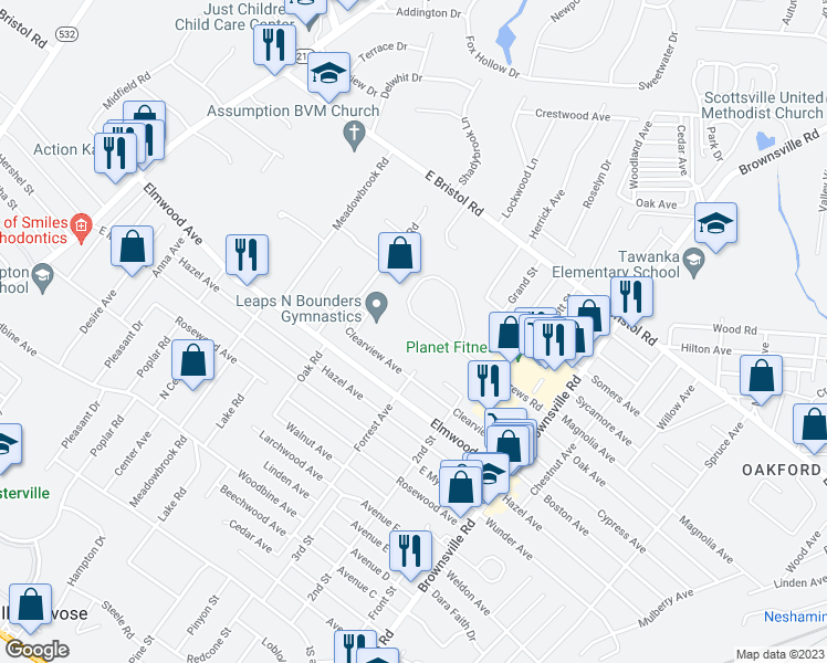 map of restaurants, bars, coffee shops, grocery stores, and more near 365 Andrews Road in Feasterville-Trevose