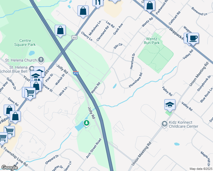 map of restaurants, bars, coffee shops, grocery stores, and more near 1178 Horseshoe Drive in Blue Bell