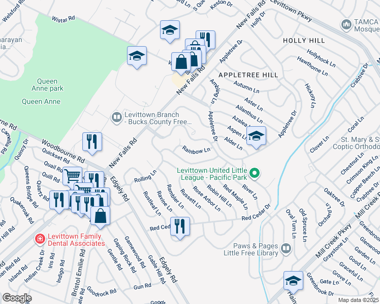 map of restaurants, bars, coffee shops, grocery stores, and more near 25 Rainbow Lane in Levittown