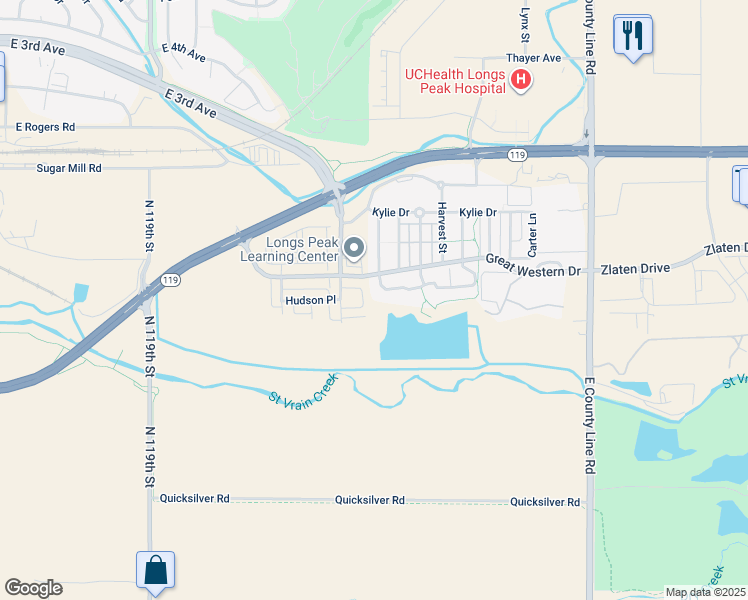 map of restaurants, bars, coffee shops, grocery stores, and more near 8 Sugarbin Court in Longmont