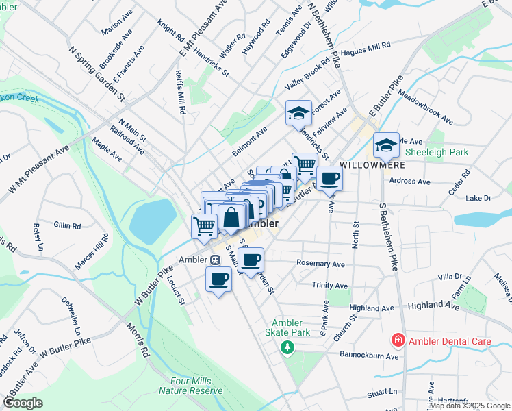 map of restaurants, bars, coffee shops, grocery stores, and more near in Ambler