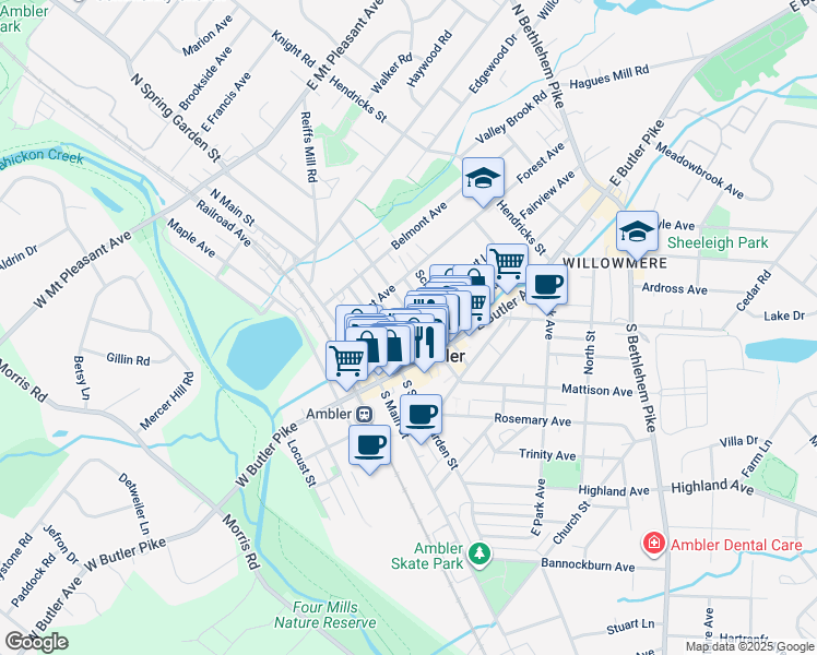 map of restaurants, bars, coffee shops, grocery stores, and more near in Ambler
