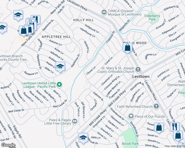 map of restaurants, bars, coffee shops, grocery stores, and more near 17 Coral Lane in Levittown