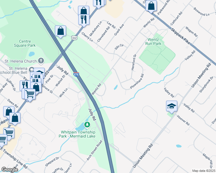 map of restaurants, bars, coffee shops, grocery stores, and more near 1178 Horseshoe Drive in Blue Bell