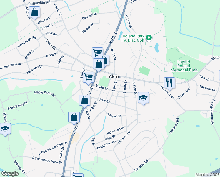 map of restaurants, bars, coffee shops, grocery stores, and more near 829 Broad Street in Akron