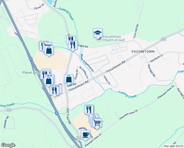 map of restaurants, bars, coffee shops, grocery stores, and more near 120 White Dogwood Drive in Goldsboro