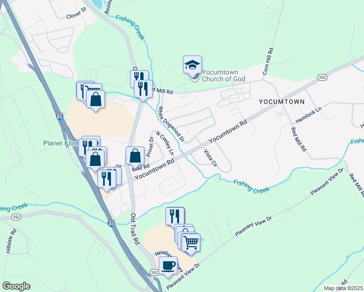 map of restaurants, bars, coffee shops, grocery stores, and more near 120 White Dogwood Drive in Goldsboro