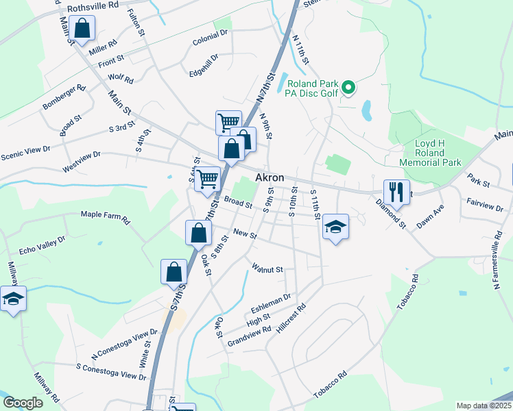 map of restaurants, bars, coffee shops, grocery stores, and more near 829 Broad Street in Akron