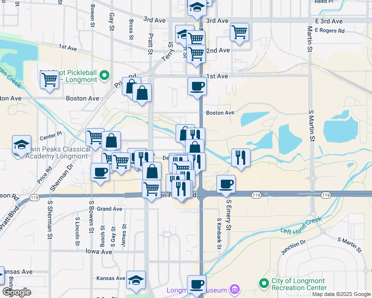 map of restaurants, bars, coffee shops, grocery stores, and more near 195 South Main Street in Longmont