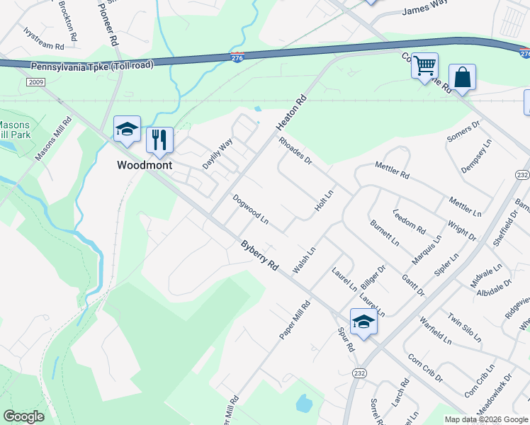 map of restaurants, bars, coffee shops, grocery stores, and more near 1413 Dogwood Lane in Montgomery County