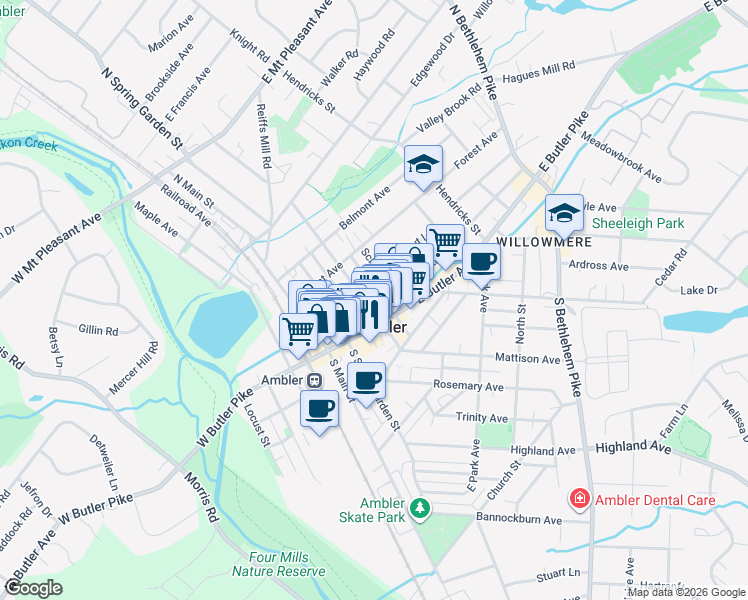map of restaurants, bars, coffee shops, grocery stores, and more near in Ambler