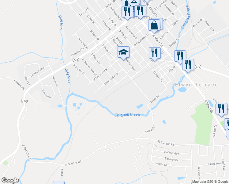 map of restaurants, bars, coffee shops, grocery stores, and more near 311 West Stiegel Street in Manheim