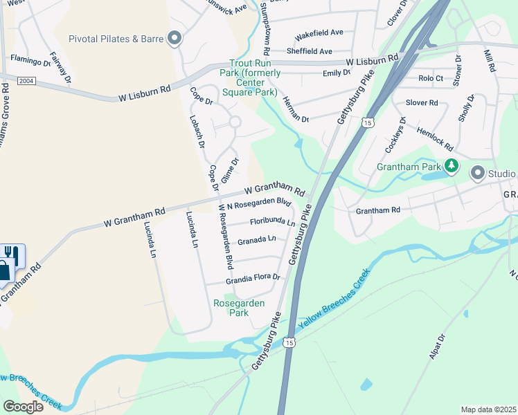 map of restaurants, bars, coffee shops, grocery stores, and more near 2615 North Rosegarden Boulevard in Mechanicsburg