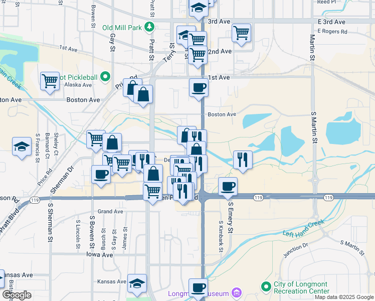 map of restaurants, bars, coffee shops, grocery stores, and more near 195 South Main Street in Longmont