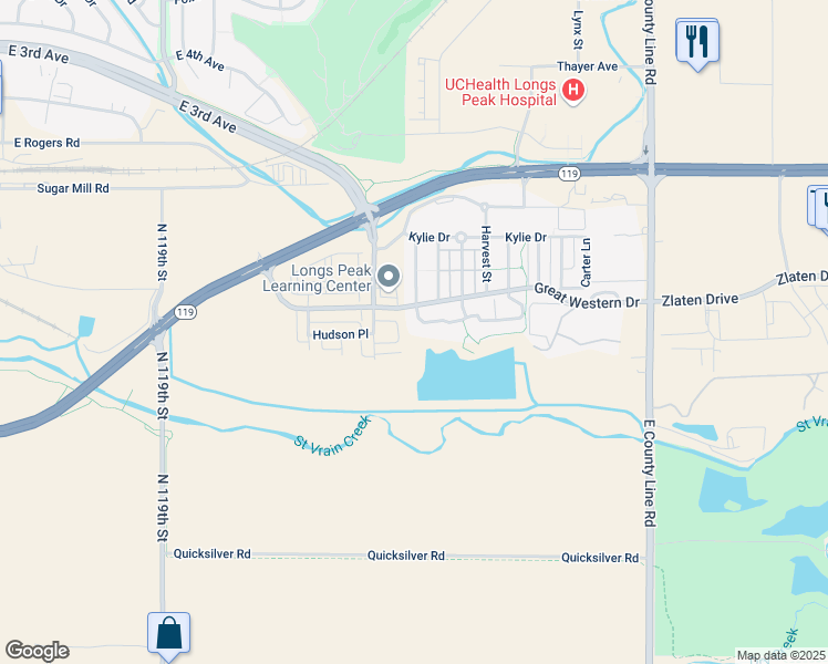 map of restaurants, bars, coffee shops, grocery stores, and more near 8 Sugarbin Court in Longmont