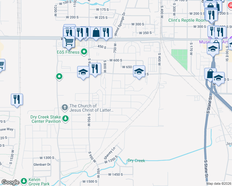 map of restaurants, bars, coffee shops, grocery stores, and more near 727 West 750 South in Springville