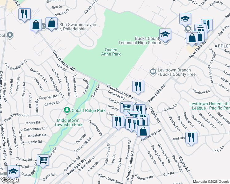 map of restaurants, bars, coffee shops, grocery stores, and more near 50 Quail Road in Levittown