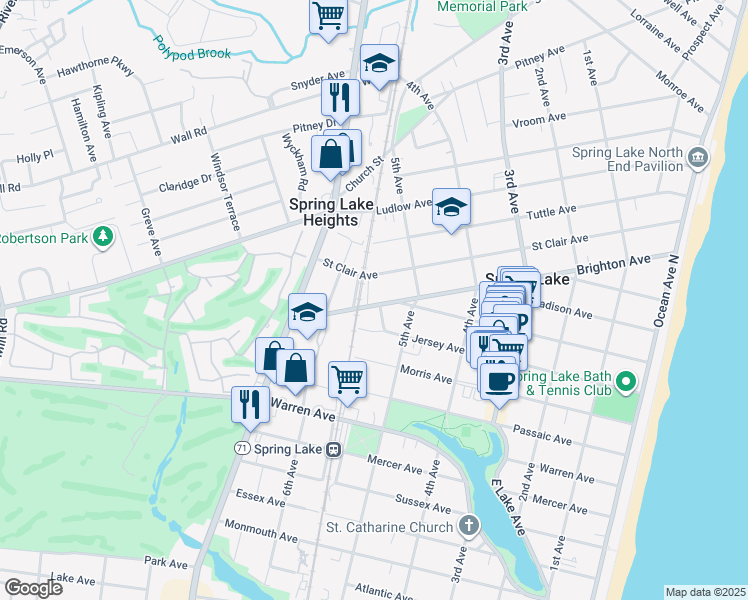 map of restaurants, bars, coffee shops, grocery stores, and more near 525 Brighton Avenue in Spring Lake
