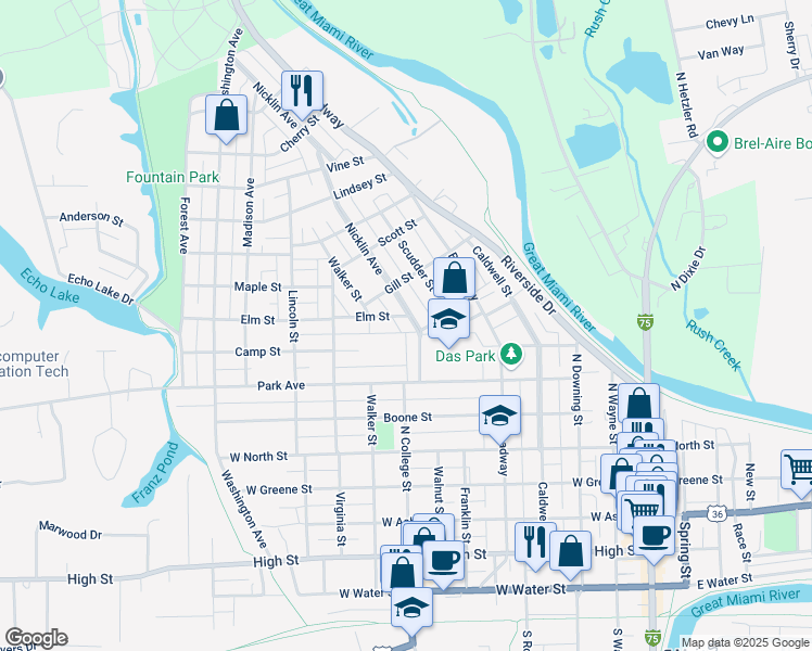 map of restaurants, bars, coffee shops, grocery stores, and more near 826 Nicklin Avenue in Piqua