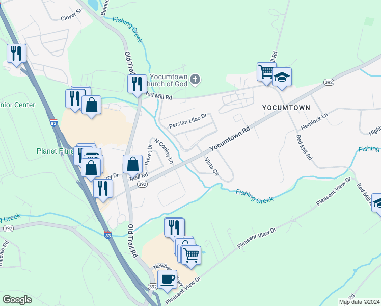 map of restaurants, bars, coffee shops, grocery stores, and more near 94 White Dogwood Drive in Goldsboro
