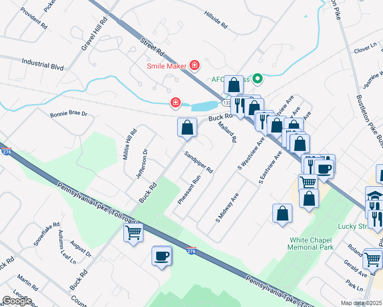 map of restaurants, bars, coffee shops, grocery stores, and more near 75 Sandpiper Road in Feasterville-Trevose