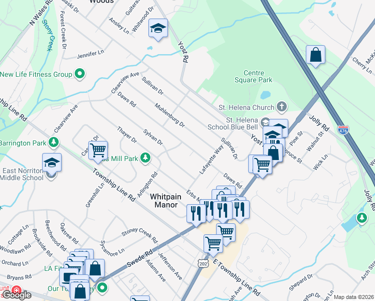 map of restaurants, bars, coffee shops, grocery stores, and more near 1522 Daws Circle in Blue Bell