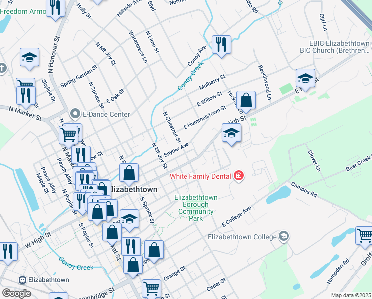 map of restaurants, bars, coffee shops, grocery stores, and more near 500 Snyder Avenue in Elizabethtown