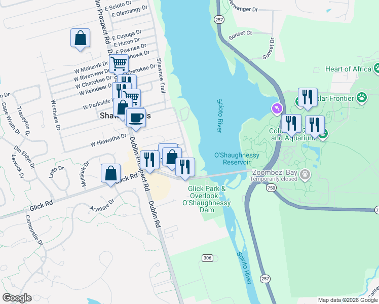 map of restaurants, bars, coffee shops, grocery stores, and more near 9120 Shawnee Trail in Powell