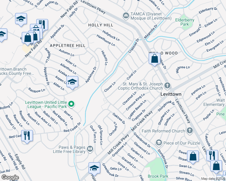 map of restaurants, bars, coffee shops, grocery stores, and more near 19 Coral Lane in Levittown