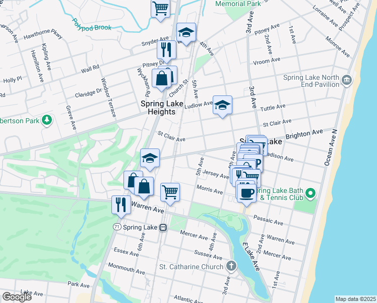 map of restaurants, bars, coffee shops, grocery stores, and more near 525 Brighton Avenue in Spring Lake