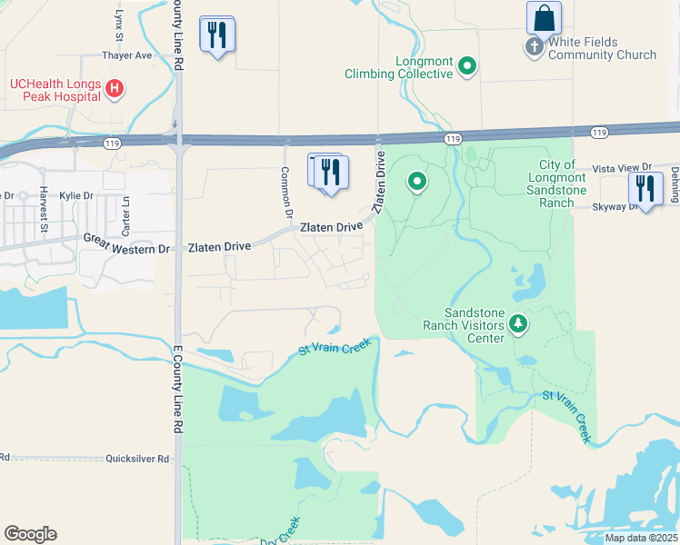 map of restaurants, bars, coffee shops, grocery stores, and more near Zlaten Drive in Longmont