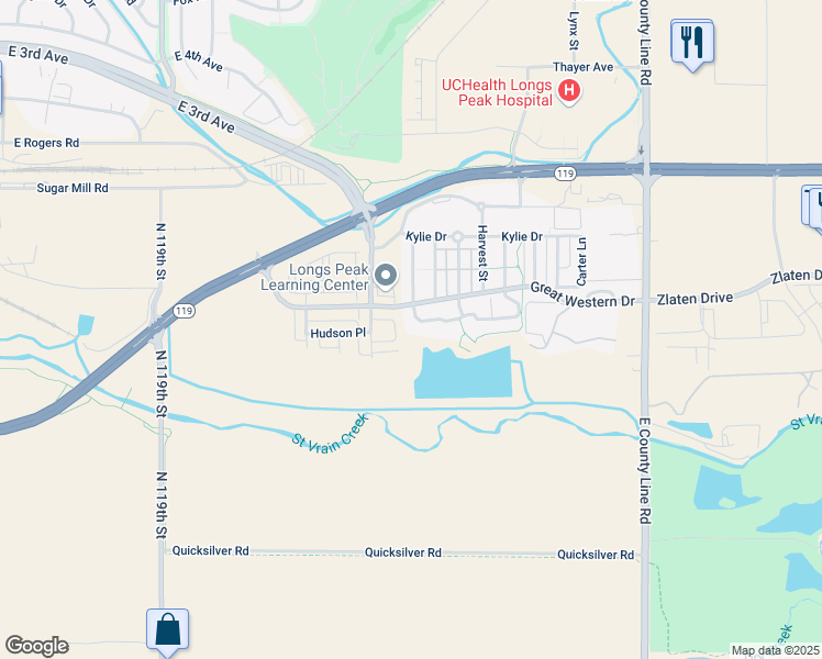 map of restaurants, bars, coffee shops, grocery stores, and more near 8 Sugarbin Court in Longmont