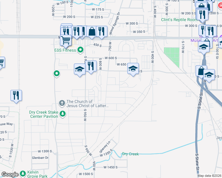 map of restaurants, bars, coffee shops, grocery stores, and more near 727 West 750 South in Springville