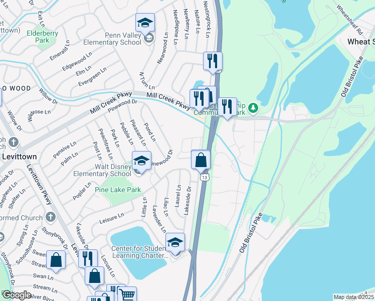 map of restaurants, bars, coffee shops, grocery stores, and more near 160 Fallsington-Tullytown Road in Levittown