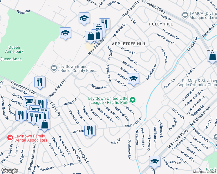 map of restaurants, bars, coffee shops, grocery stores, and more near 5 Rainbow Lane in Levittown