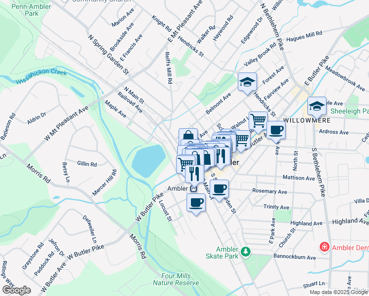 map of restaurants, bars, coffee shops, grocery stores, and more near 55 North Main Street in Maple Glen