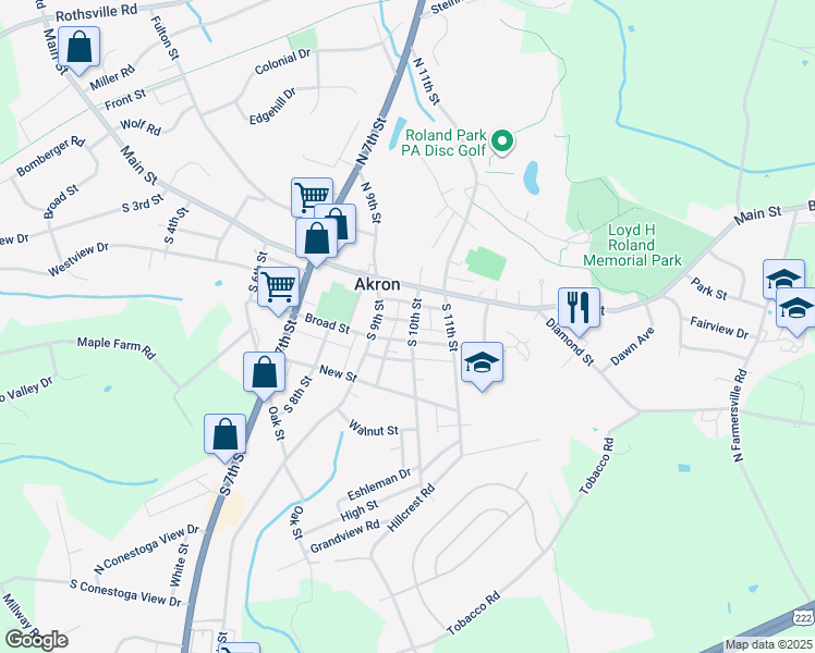 map of restaurants, bars, coffee shops, grocery stores, and more near 40 South 10th Street in Akron