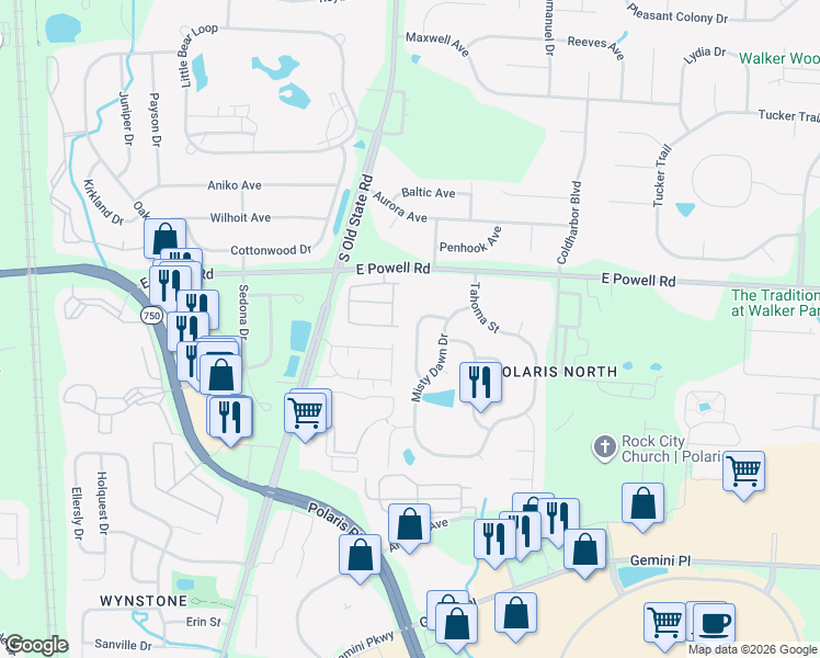 map of restaurants, bars, coffee shops, grocery stores, and more near 9197 Stream Pebble Drive in Columbus