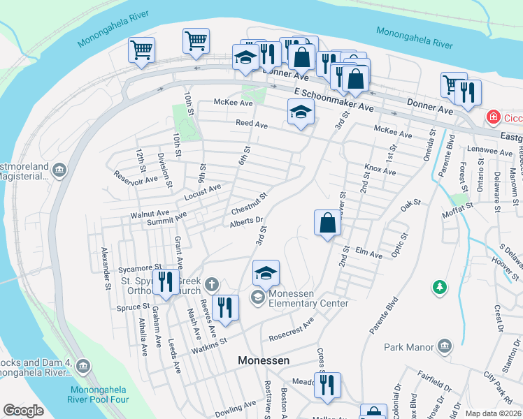map of restaurants, bars, coffee shops, grocery stores, and more near 520 Chestnut Street in Monessen