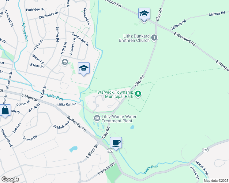 map of restaurants, bars, coffee shops, grocery stores, and more near 63 Pebble Creek Drive in Lititz