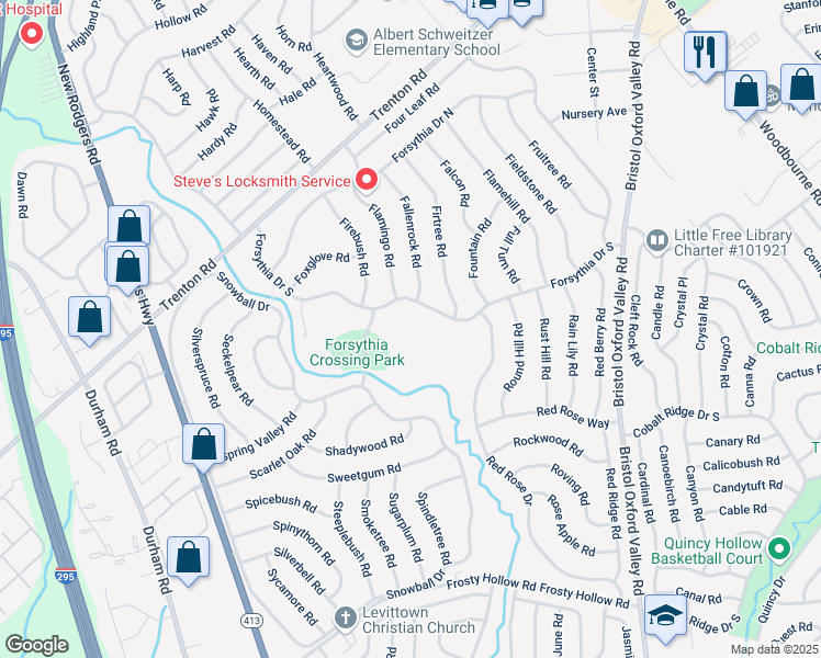 map of restaurants, bars, coffee shops, grocery stores, and more near 145 Forsythia Drive South in Levittown