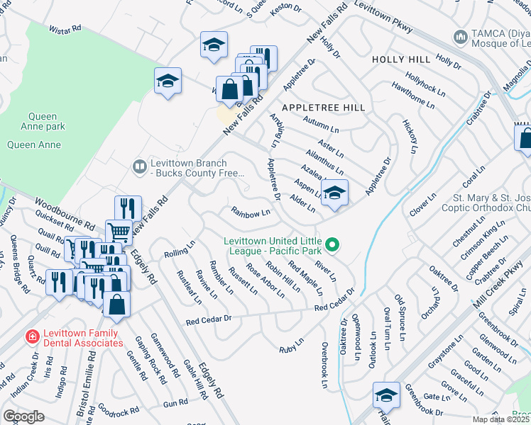 map of restaurants, bars, coffee shops, grocery stores, and more near 7 Rainbow Lane in Levittown