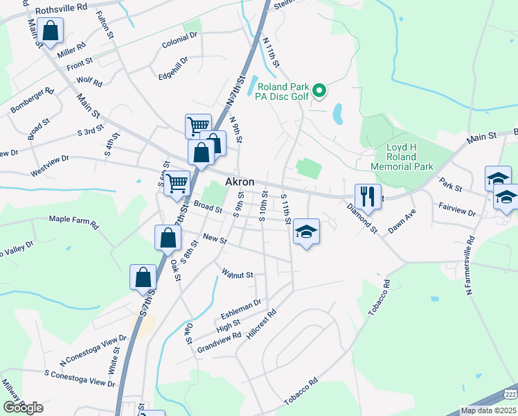 map of restaurants, bars, coffee shops, grocery stores, and more near 40 South 10th Street in Akron